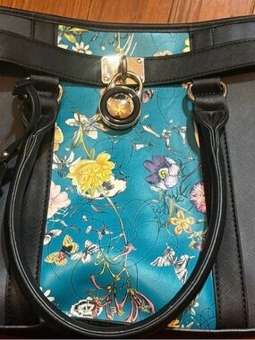 Dasein Teal Floral Panel Tote Bag with Black Trim and Gold Accent